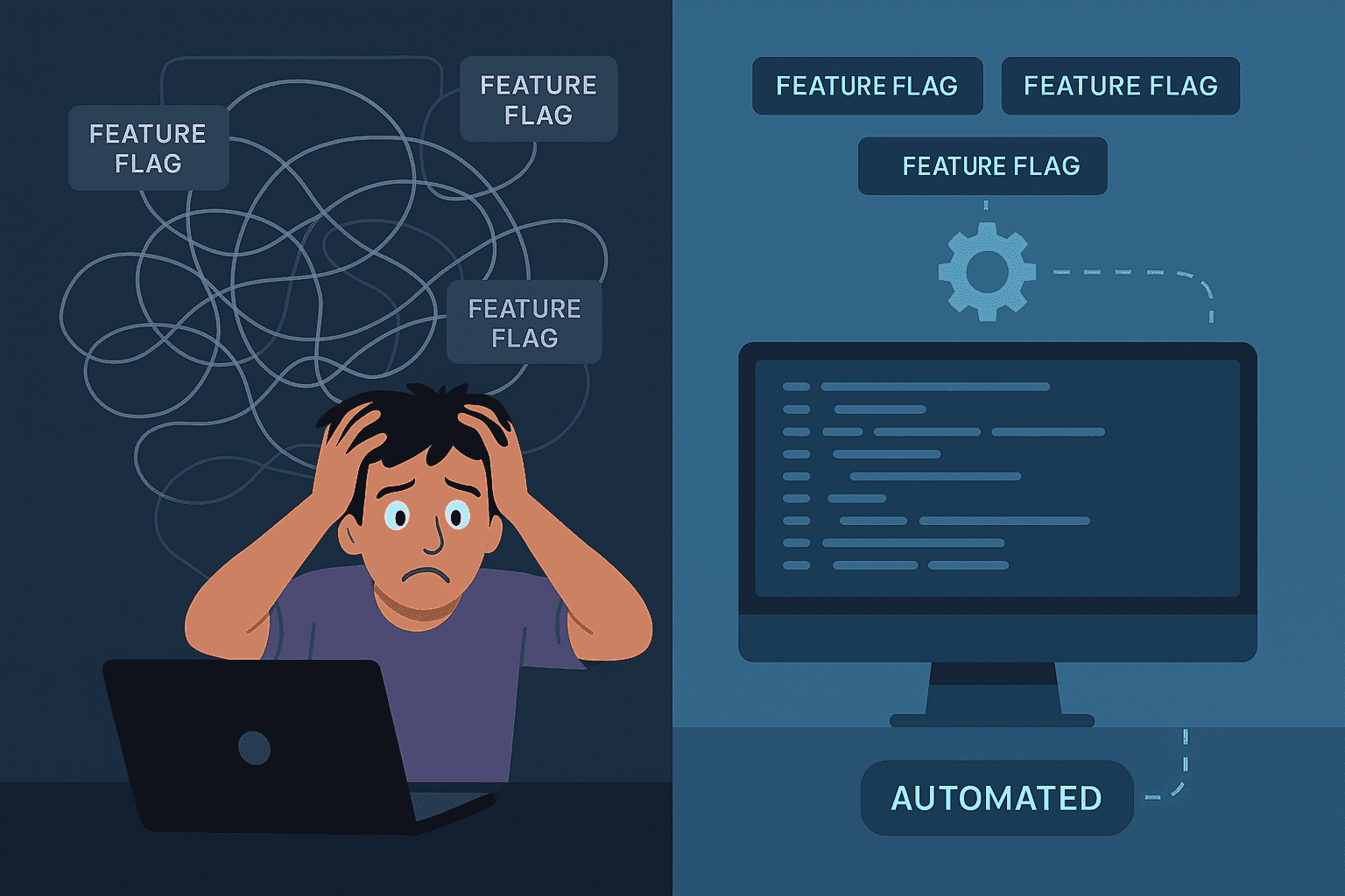 Developer overwhelmed by tangled feature flags vs. clean automated system - Feature flag technical debt visualization