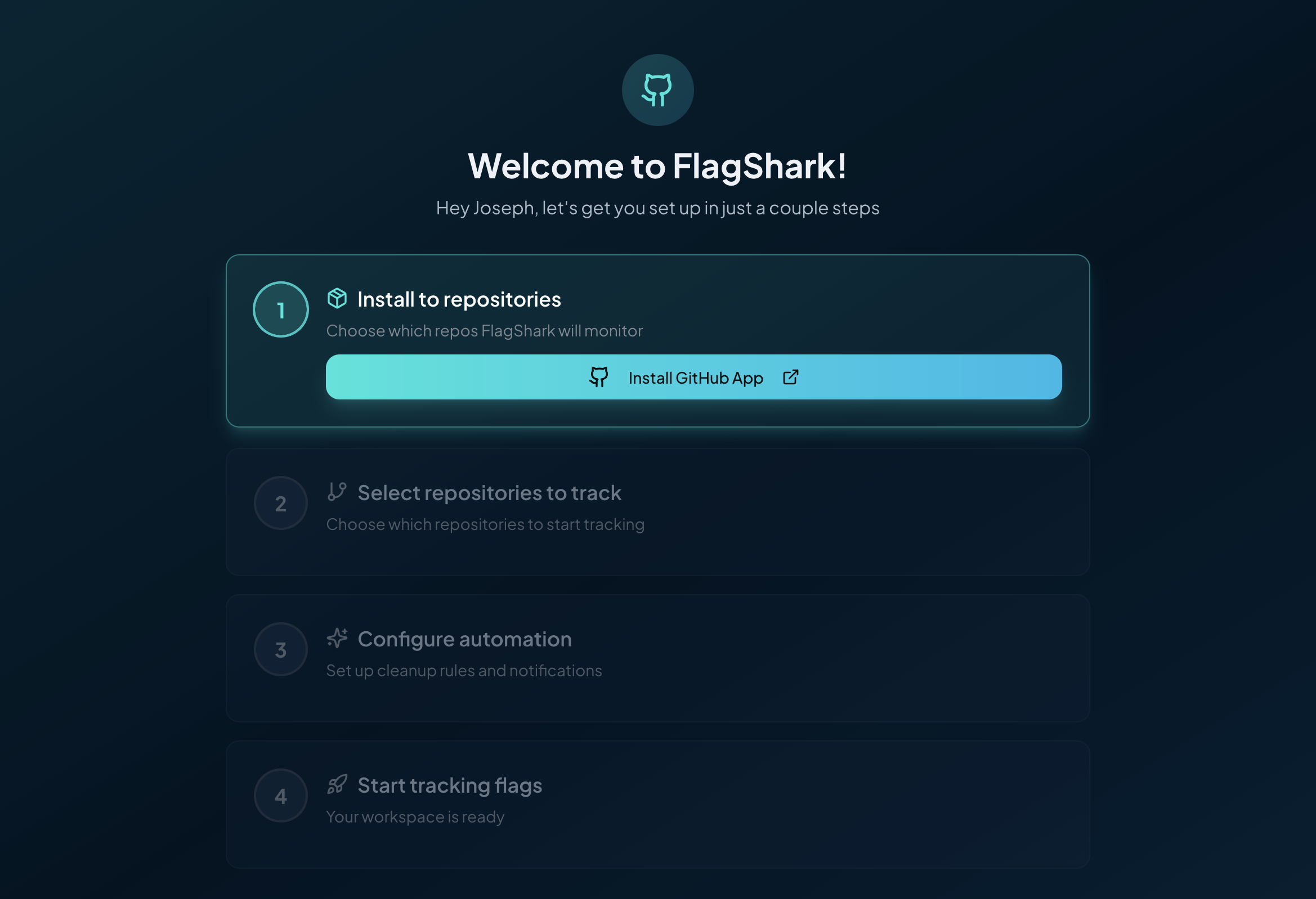 FlagShark onboarding screen with Connect GitHub button